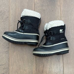 Sorel Black Kids Snow Boots with White Trim